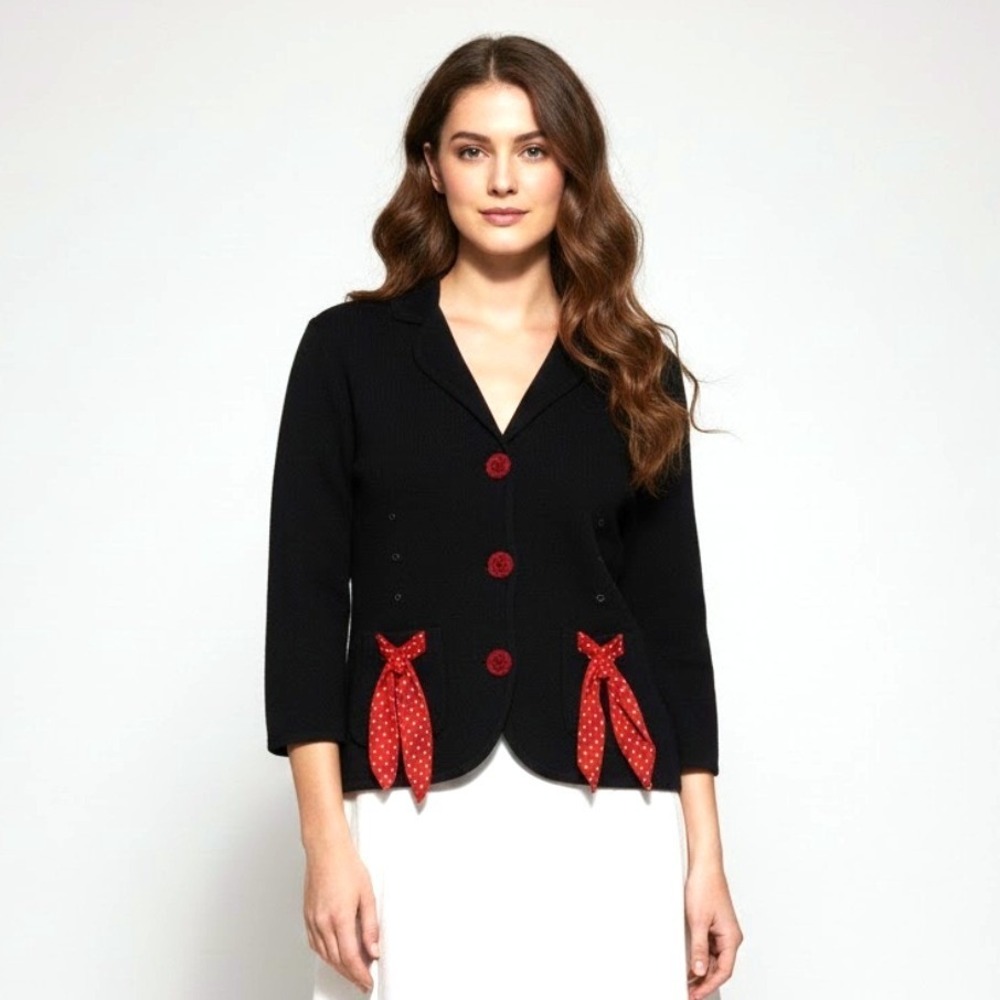 Vtg La Vie‎ Boheme Black Blazer Red Polka Dot Bows Women L French Cute Statement